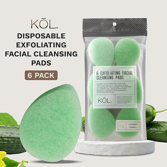 KOL Face Scrubber Pads, Cucumber Infused Exfoliating Facial Cleansing Sponges for Daily Face Wash and Makeup Removal, 6 Count