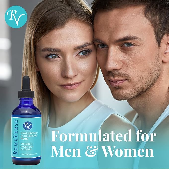 RemeVerse Hyaluronic Acid Serum with Vitamin C & Green Tea Extract - 100% Pure Formulation for Face, Lips & Décolleté - Intense Moisture for Dry Skin & Fine Lines for a Youthful & Plump Look, 1 oz