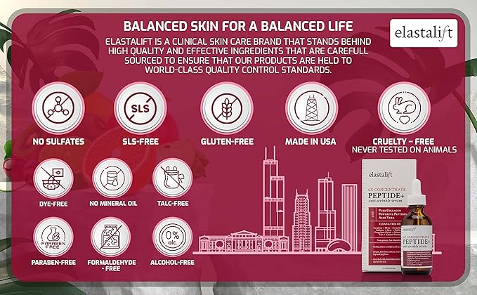Elastalift Peptide Facial Serum Moisturizer Skin Care Oil For Face, Wrinkles, Fine Lines, & Puffiness. Moisturizing 6X Peptide Concentrate Serum W/Collagen Plumps, Lifts, Evens Skin Tone, 1.75 Fl Oz