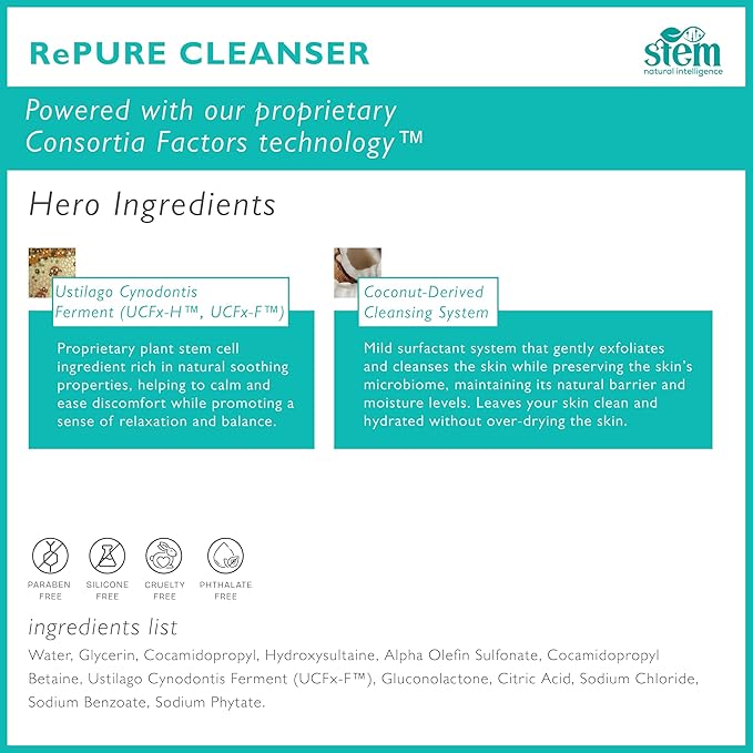 STEM Natural Intelligence RePure Foaming Cleanser, Luxury Exfoliating Face Wash for Women, Body and Facial Cleanser for Women, Skin Care with Dermatologist Developed & Tested Research, Face Exfoliator