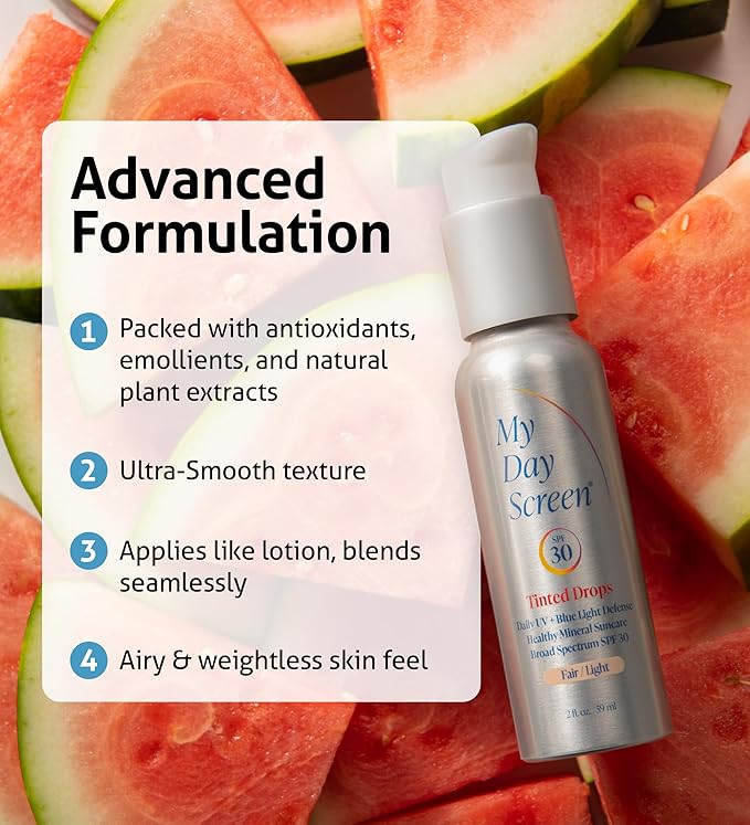 Tinted Sunscreen for Face, 3-in-1 Moisturizer with SPF 30, Face Sunscreen Protection, Tinted Drops to Match Fair to Light Skin Tones, 2 fl oz