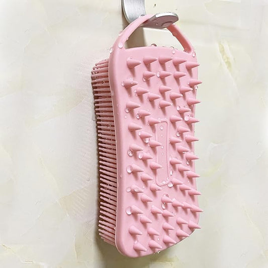 2 PC Silicone Exfoliating Body Scrubber, 2 in 1 Silicone Body Shampoo Brush, Soft Silicone Loofah for Sensitive Skin, Shower Silicone Hair Scalp Massager, Easy to Clean, Lather Well (Pink&Blue)