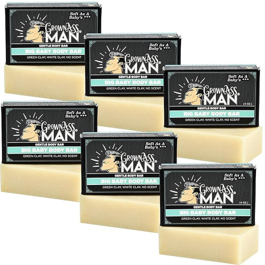 Grown Ass Man Co. Body Bars - Solid Soap with Natural Oils & Soothing Clay - Plastic Free & Eco-Friendly, Natural & Organic for All Skin Types, 4oz Bar - Big Baby, 6-Pack