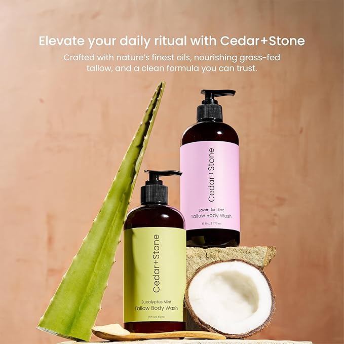 Cedar + Stone Tallow Body Wash – Liquid Tallow Soap & Shower Gel with USDA Organic Oils – Deeply Moisturizing, Sulfate-Free Cleanser for Sensitive Skin – Eucalyptus & Mint – Made in USA, 16oz