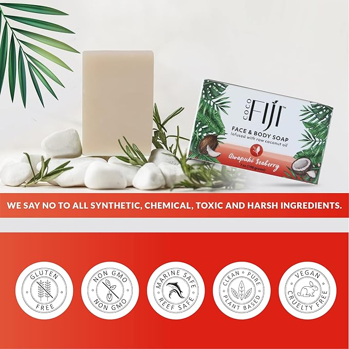 "Coco Fiji Soap Bar for Face and Body Infused With Organic Coconut Oil, Awapuhi Seaberry, Essential Oil, Natural Soap for Moisturizing & Pore Purifying Skin, 7 oz, Pack Of 2 "