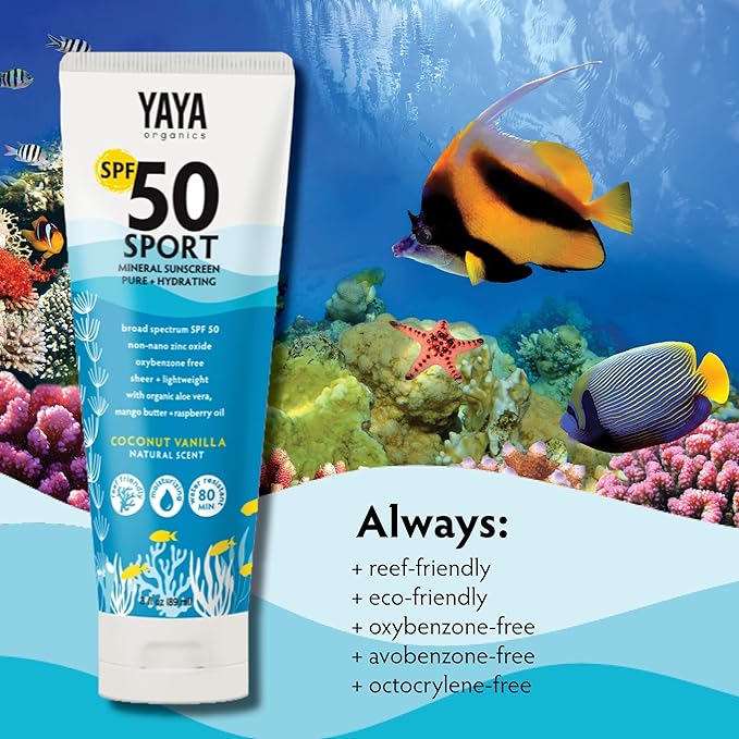 YAYA ORGANICS Sport Mineral Sunscreen Lotion, SPF 50, Reef-Friendly, Non-Nano Zinc Oxide, Water-Resistant, Pure + Hydrating, 3 oz, 2-pack