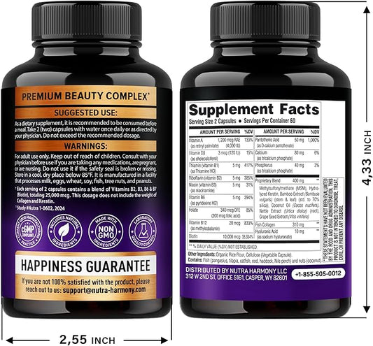 Biotin | Collagen | Keratin - Clinically Tested Supplement - Hair Growth Support, Skin & Nails - 25000 mcg Vitamins B2, B3, B6 & B7 + B1 & Hyaluronic Acid - Made in USA - Women & Men | 120 Capsules