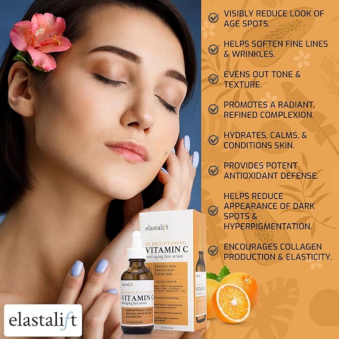 Elastalift Vitamin C Facial Serum For Age Spots, Wrinkles, & Expression Lines. Anti-Aging Face Serum W/Vitamin C & Hyaluronic Acid Brightens Skin To Promote Healthier Skin Complexion, 1.75 Fl Oz