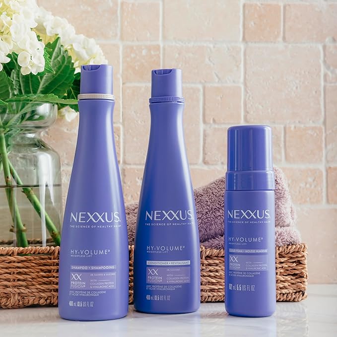Nexxus HY-VOLUME Weightless Lift Shampoo, Conditioner & Foam 3 Pack PROTEIN FUSION with Collagen Protein & Hyaluronic Acid For Flat & Limp Hair for 48 Hours of Volume 13.5 fl oz & 5.5 fl oz