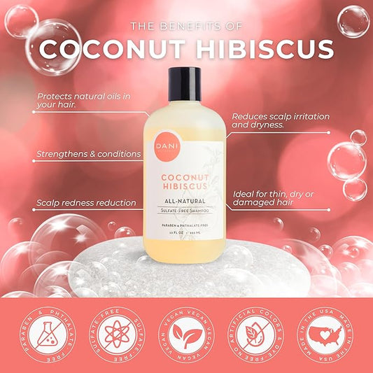 DANI Naturals Moisturizing Shampoo - Coconut Hibiscus - Sulfate-Free, Strengthens & Conditions Dry, Thin, Damaged Hair - Color-Safe, Organic Ingredients, 12 oz