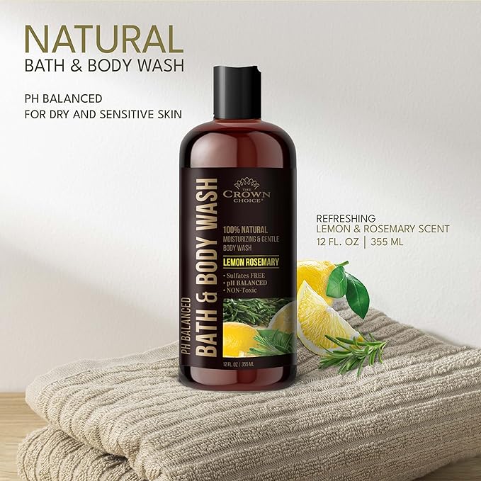 Natural Body Wash for Women, Men & Kids - Organic Lemon Rosemary - 12oz pH 5.5-Best pH Balance-Liquid Soap for All Skin Types-Moisturizing Sulfate & Chemical Free Shower / Bath Liquid Gel (Pack of 2)