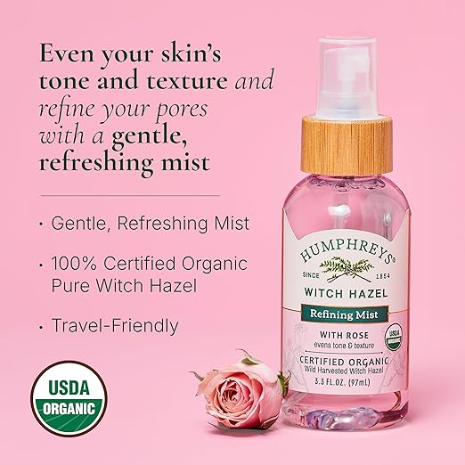 Humphreys Witch Hazel Refining Toner Mist Spray | Pore-Refining Facial Toner | USDA Organic| Soothing Rose Water | Travel Size 3.3 Fl Oz | Vegan & Cruelty-Free | for All Skin Types