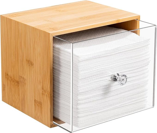 HBlife Bamboo Disposable Face Towel Holder Compatible with Clean Skin Club Face Towel XL, Wall-Mounted Acrylic Storage Box with Drawer for Makeup Remover Wipes for Vanity and Bathroom