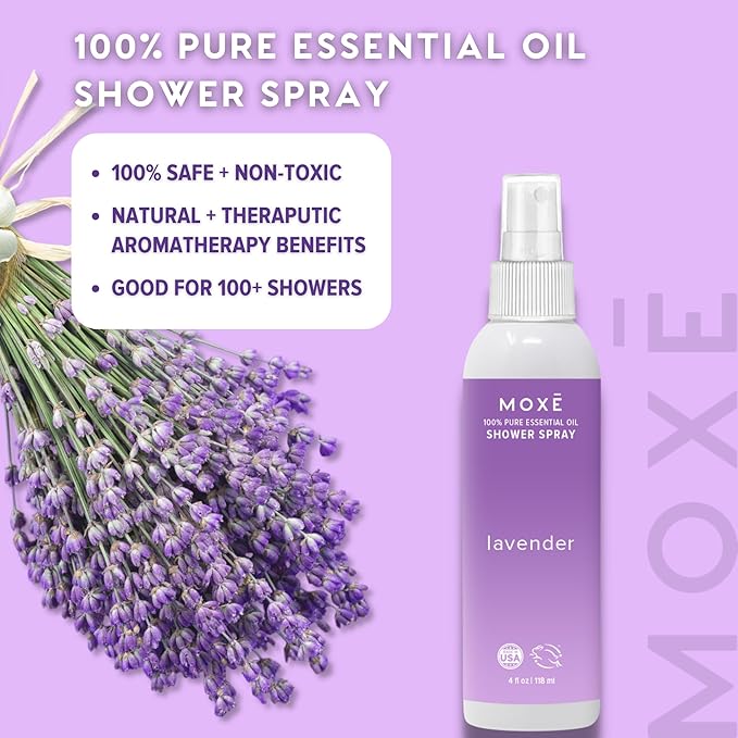 MOXE Shower Mist, Spa Steam Spray, Certified Natural Essential Oils, Aromatherapy, Calming Relief (Lavander and Eucalyptus, 4 Fl Oz (Pack of 2))