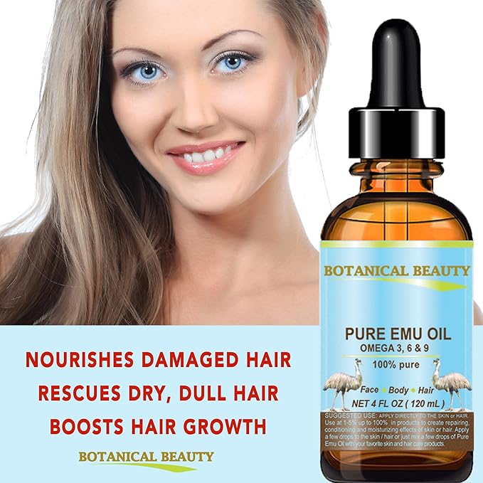 Botanical Beauty PURE EMU OIL 100% Natural Unrefined for Face, Skin, Body, Hands, Feet, Nails, Hair, Lip Care 4 Fl Oz - 120 ml