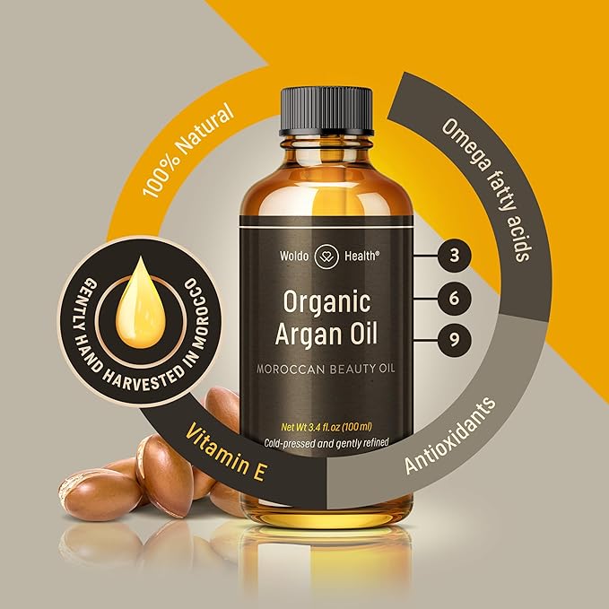 Organic Argan Oil Cold Pressed 3.4 Fl Oz - Moroccan Beauty Oil for Hair, Skin, Nails & Face, Vitamin E Rich, Non-Greasy, Natural Moisturizer