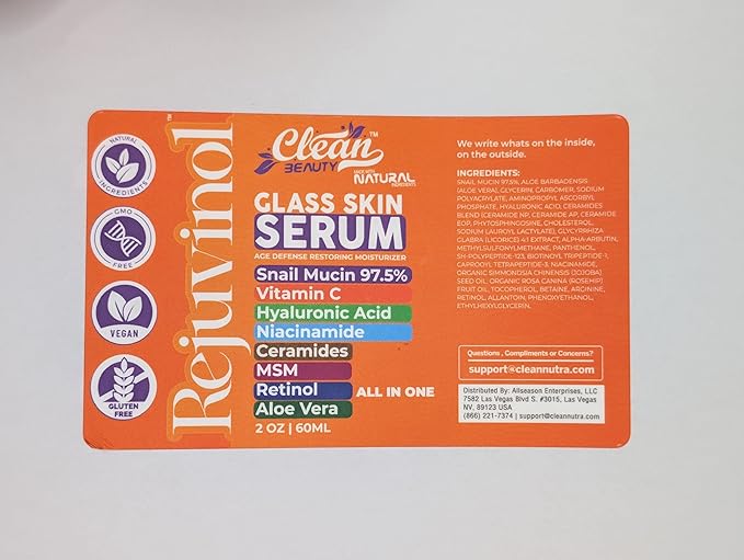Clean Beauty Snail Mucin Serum Vitamin C Face Serum Anti Aging with Hyaluronic Acid Niacinamide Retinol MSM Aloe Vera & Ceramides, Korean Skin Care Dark Spot Remover for Glowing Skin Beauty, Pack of 1