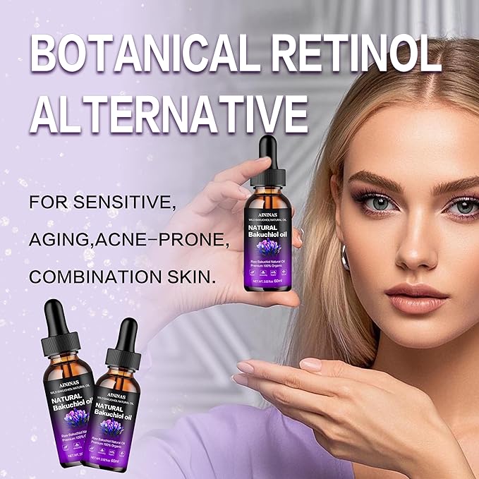 AIninas Bakuchiol Oil Organic for Face - Natural Retinol Alternative Reduces Wrinkles & Fine Lines, Sensitive Skin Safe, Mix with Moisturizer - Hydrating Facial Serum for Day & Night Use, 2 fl oz
