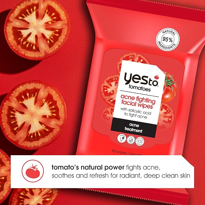 Yes To Tomatoes Clear Skin Acne Fighting Facial Wipes, Acne Prone Skin + Helps Control Oil + Salicylic Acid + 95% Natural Ingredients, 30 Count (Pack of 2)