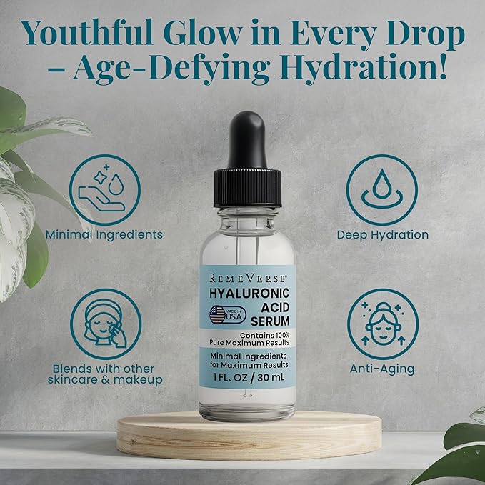 RemeVerse Hyaluronic Acid Serum - 100% Pure Formulation for Face, Lips & Décolleté - Intense Moisture for Dry Skin & Fine Lines - Wrinkle-Reducing Formula for a Youthful & Plump Appearance, 1 oz