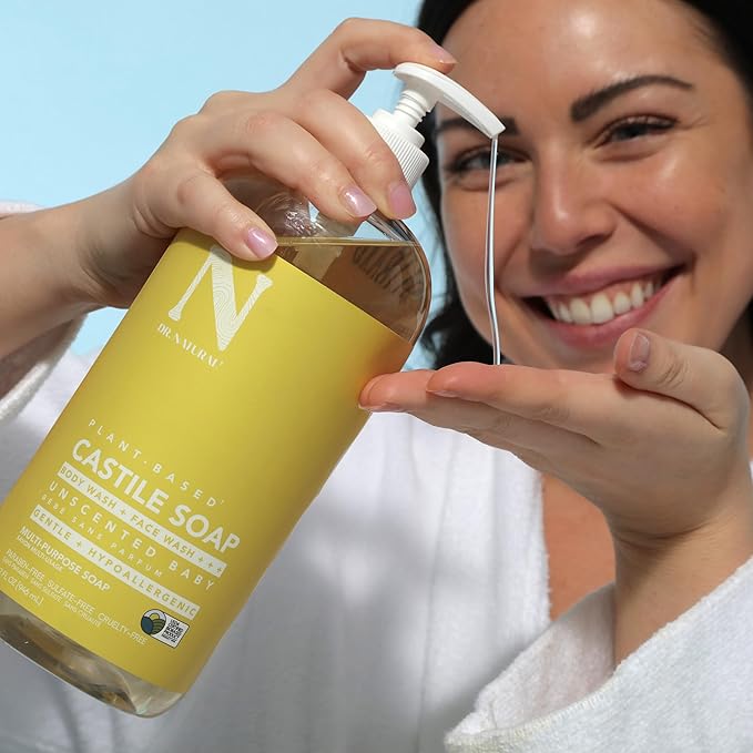 Dr. Natural Castile Liquid Soap - Multi-Use Body Wash, Shampoo and Face Wash - Body Soap for Skin, Hair, Pets and Home - Unscented Baby - 2 pc