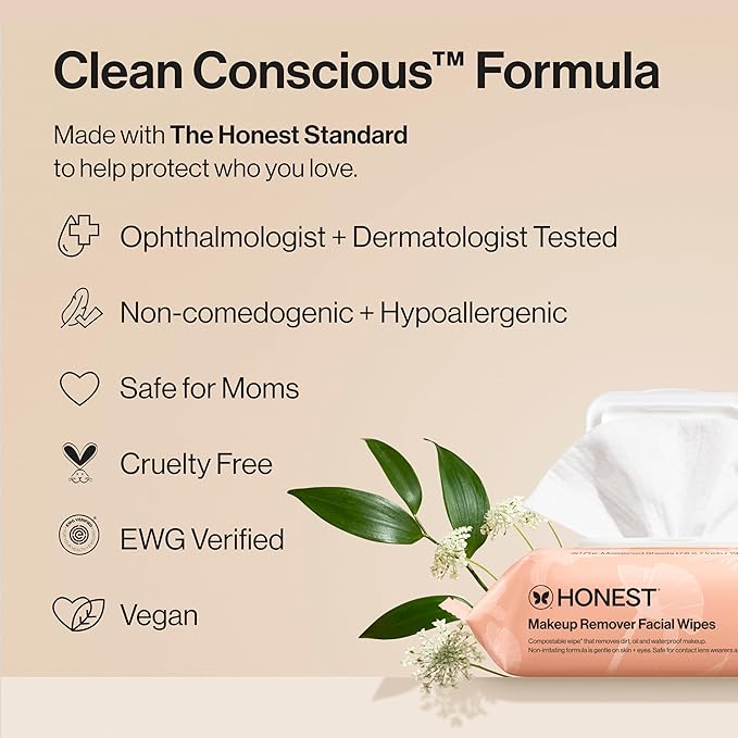 Honest Beauty Fragrance Free Cleansing Makeup Remover Facial Wipes | Plant Based, Hypoallergenic, Gentle for Sensitive Skin | 90 Count