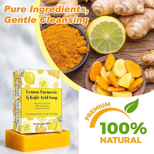 Lemon Turmeric Kojic Acid Soap - Organic Turmeric Dark Spot Remover Soap Bar for Face and Body - Kojic Acid Skin Care for All Skin Types, Deep Cleansing