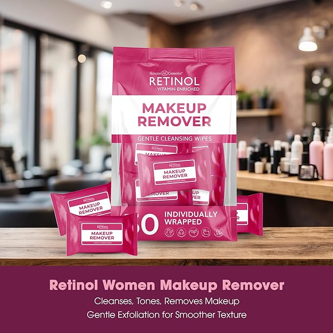 Retinol Individually Wrapped Makeup Remover Wipes, travel essentials for Travel & On the Go, women facial cleansing wipes, remove makeup mascara & sunscreen, with micellar water, 30 single face wipes