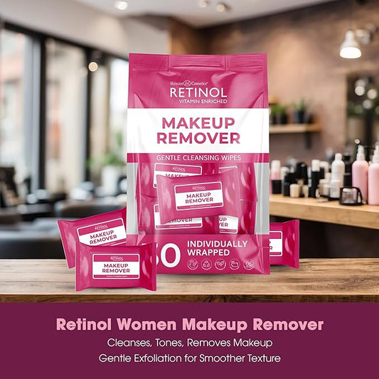 Retinol Individually Wrapped Makeup Remover Wipes, travel essentials for Travel & On the Go, women facial cleansing wipes, remove makeup mascara & sunscreen, with micellar water, 30 single face wipes