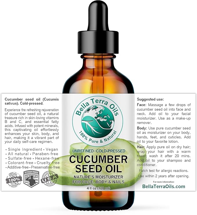 Bella Terra Oils - Cucumber Seed Oil 4 oz - Embrace the Essence of Cucumber, Rich in Linoleic Acid & Phytosterols, Elevate Your Face and Skin Routine
