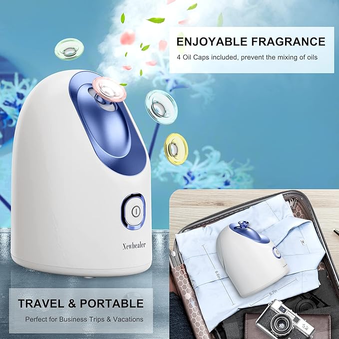 Newbealer Facial Steamer, Mini Aroma Face Steamer, Nano Ionic Hot Mist Face Humidifier for Facial Deep Cleaning, Home Sauna Spa Sprayer with 9 Pieces Acne Remover Kit (Blue, 160ml)