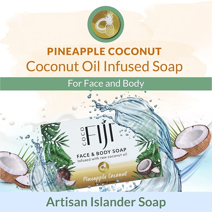 "Coco Fiji Soap Bar for Face and Body Infused With Organic Coconut Oil, Pineapple Coconut Essential Oil, Natural Soap for Moisturizing & Pore Purifying Skin, 7 oz, Pack Of 3 "