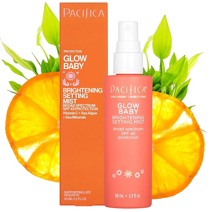 Pacifica Setting Spray Glow Baby Brightening Mist, Broad Spectrum SPF 45, UVA/UVB Protection, Blue Light Protection, Facial Mist, Suncare, Skin Care, Vegan, 1.7 fl oz (1 Count)