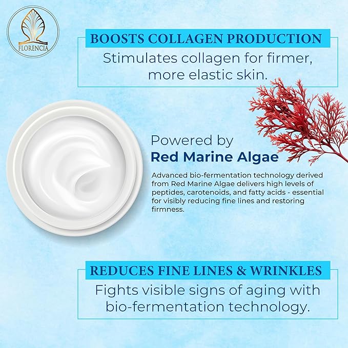 Florencia Marine Moisturizer - Youthful Radiance Face & Neck Cream - Hydrating, Nourishing, Wrinkle, Rejuvenating Cream with Marine Algae Extracts and Hyaluronic Acid for Men & Women, 2 oz