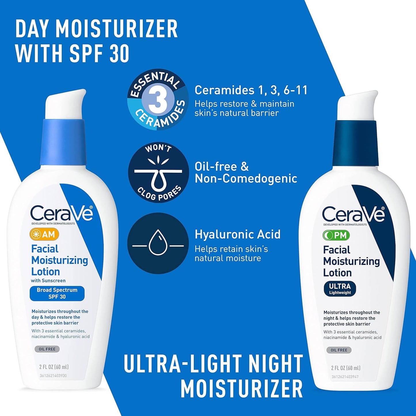 Acne Skin Care Set – Foaming Cream Cleanser, Resurfacing Retinol Serum, AM Moisturizer with SPF 30 & PM Moisturizer – Complete Acne Treatment Kit, 5oz + 1oz + 2oz + 2oz