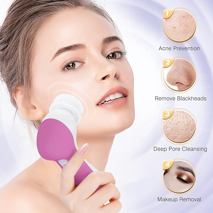 COSLUS Facial Cleansing Brush Silicone Face Scrubber: 7 in 1 FBS-D Electric Exfoliating Rotating Massage Device Waterproof Deep Cleaning Exfoliation Spa Machine - Electronic Skin Care Wash System