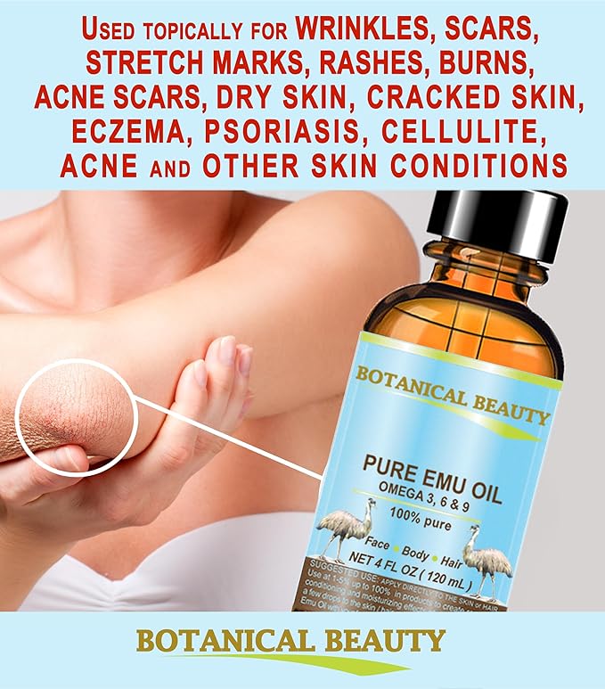 Botanical Beauty PURE EMU OIL 100% Natural Unrefined for Face, Skin, Body, Hands, Feet, Nails, Hair, Lip Care 4 Fl Oz - 120 ml