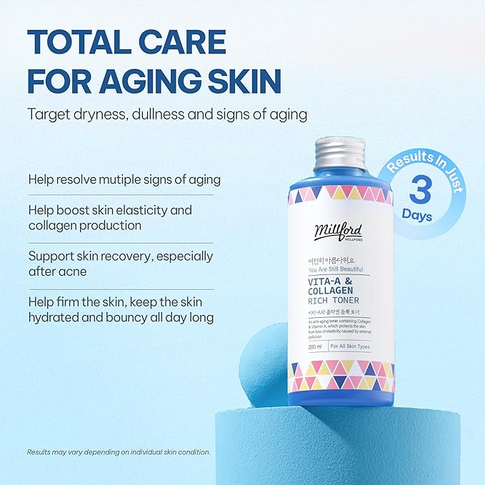 Vita A & Collagen Rich Toner 6.76 Oz, 200ml, Fish/Marine Collagen, Slow-Aging Moisturizing Toner, Vitamin A Retinol, Wrinkles, Fine Lines, Anti-Aging, Retinyl Palmitate, Korean Skincare