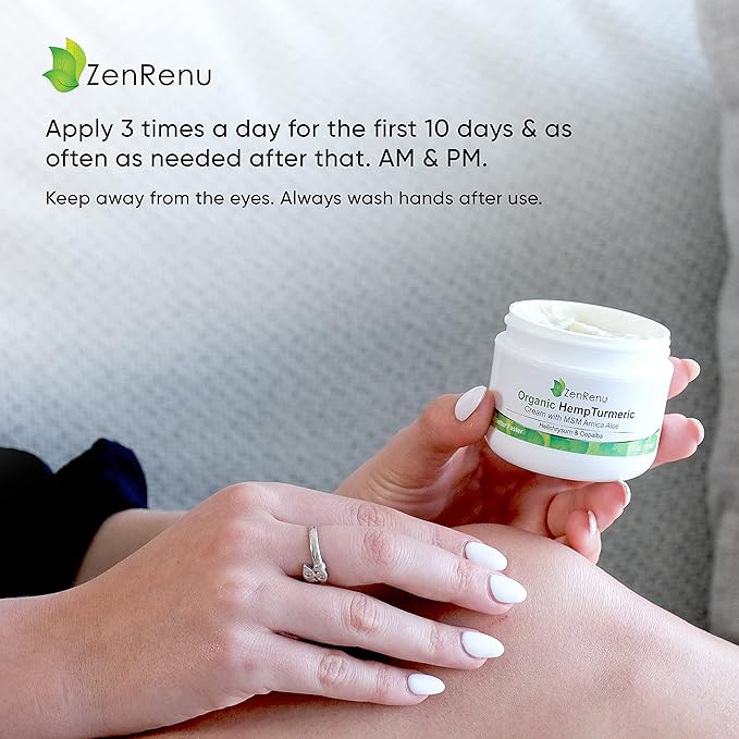 Zenrenu Organic Hemp Turmeric Joints & Muscle Cream with Arnica, MSM, Hemp Oil Extract, & 7 Essential Oils - Non Greasy & Fast Absorbing for Back, Neck, Elbows, Knees, & Hip 4 oz