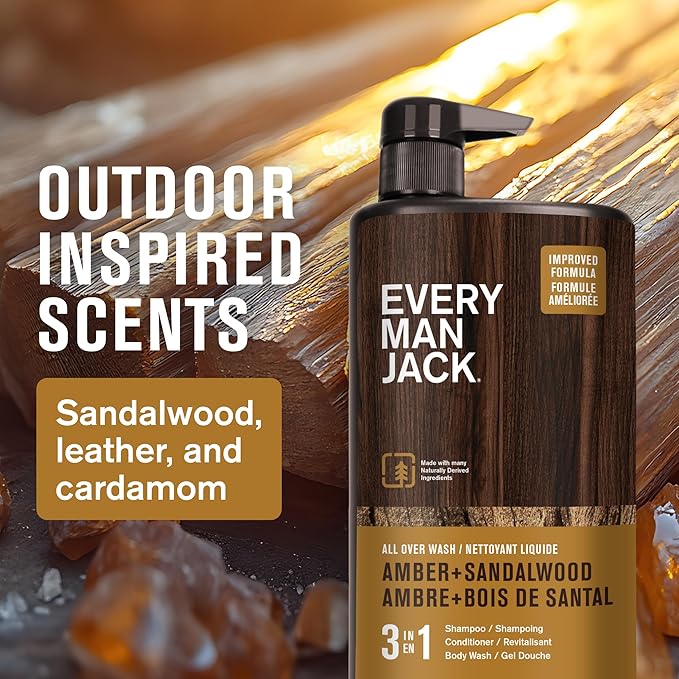 Every Man Jack Amber + Sandalwood Hydrating Mens 3-in-1 All Over Wash for All Skin and Hair Types - Body Wash, Shampoo and Conditioner with Naturally Derived Ingredients - 28.8oz (2 Pack)