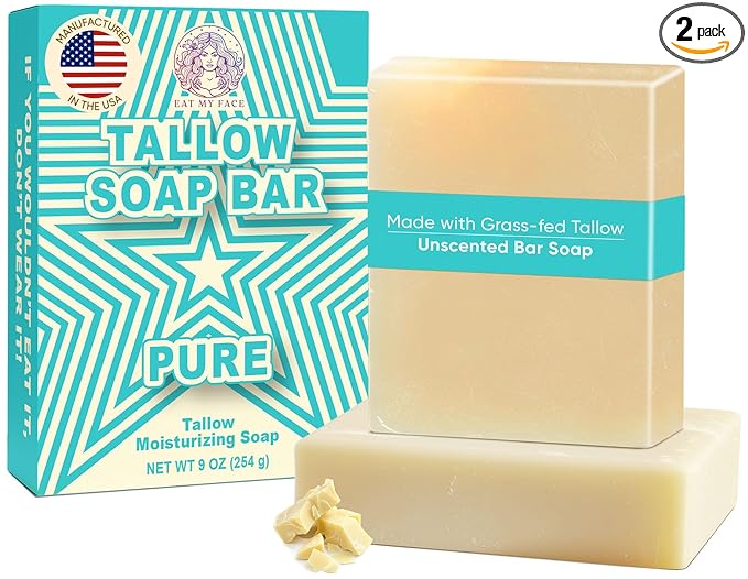 2-Pack Beef Tallow Soap Bar Grass Fed – Organic Body Soaps, Face Tallow Soap Bar for Women – All Natural Soaps for Sensitive Skin, Moisturizing & Nourishing Cleanser for All Skin Types, In Unscented