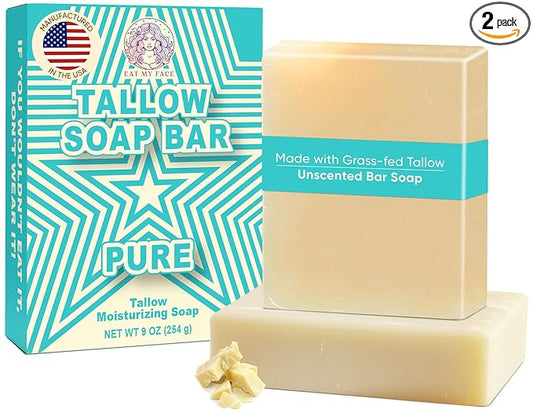 2-Pack Beef Tallow Soap Bar Grass Fed – Organic Body Soaps, Face Tallow Soap Bar for Women – All Natural Soaps for Sensitive Skin, Moisturizing & Nourishing Cleanser for All Skin Types, In Unscented