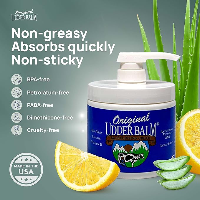 Original Udder Balm Pump Jar - Made in USA - Extra Thick Udder Cream & Hand Balm for Dry Skin, Cracked Heels, Rough Hands – Deep Moisture Heel Cream & Foot Moisturizer with Aloe Vera, 16 Fl Oz