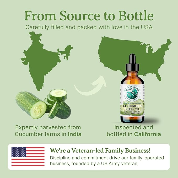 Bella Terra Oils - Cucumber Seed Oil 4 oz - Embrace the Essence of Cucumber, Rich in Linoleic Acid & Phytosterols, Elevate Your Face and Skin Routine