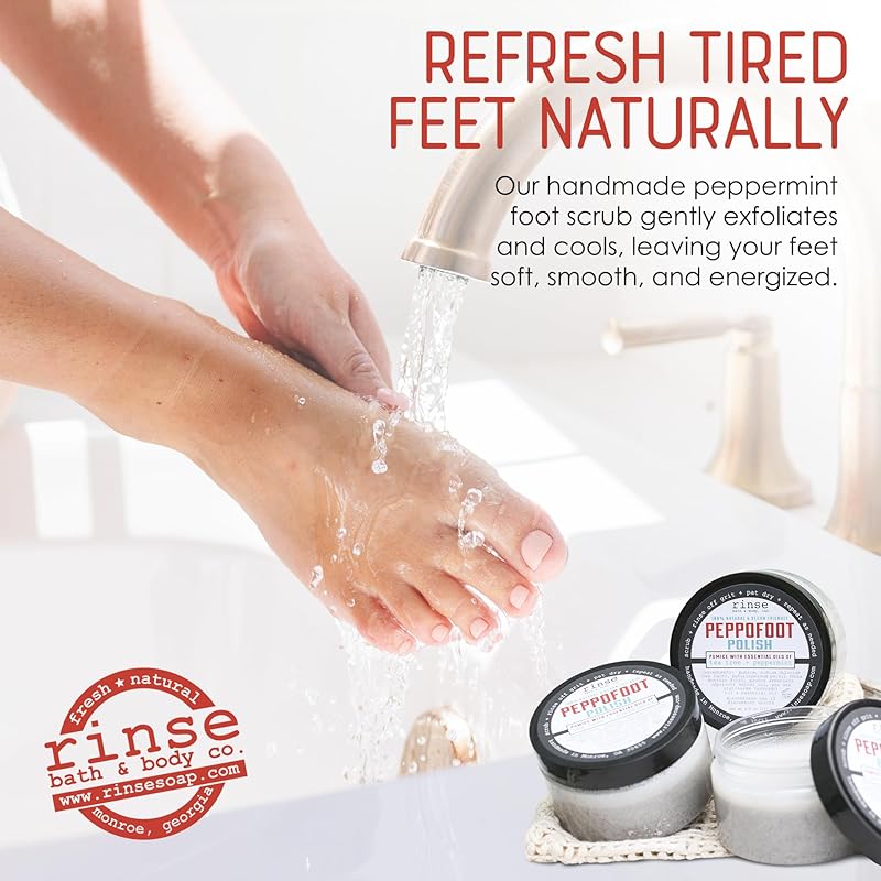 Rinse Bath & Body Peppofoot Peppermint Foot Scrub - Handmade Exfoliating Tea Tree Oil Cooling Foot Scrub w/Peppermint Essential Oil | Shea Butter & Avocado Oil | Cleansing & Refreshing| Natural | 4oz