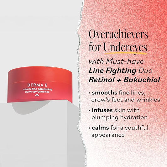 Derma E Retinol + Bakuchiol Under Eye Patches (30 Pairs) Non-Irritating, Line Smoothing Hydro Gel Eye Patches with Rose Water & Real Hibiscus Petals, Helps Reduce Fine Lines, Crow's Feet, 60ct