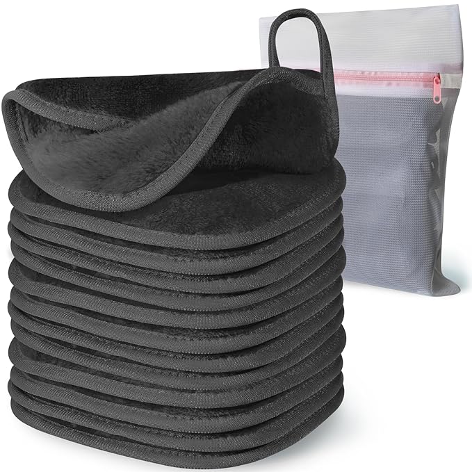 Makeup Remover Cloth, 6" x 6" Makeup Remover Towels Reusable Face Cloth for Washing Face, Makeup Remover Pads Microfiber Face Washcloth with Mesh Bag, 12 Pack, Grey