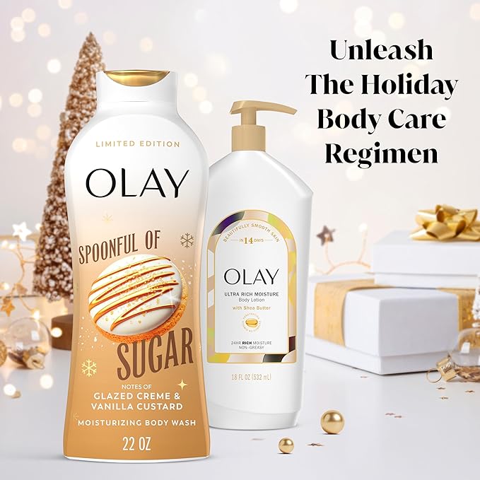 Olay Body Wash for Women, Hydrating & Moisturizing, Holiday Edition, With Plant Based Cleansers, B3 Complex, For All Skin Types, Spoonful of Sugar with Glazed Crème & Vanilla Custard Scent, 22 fl oz