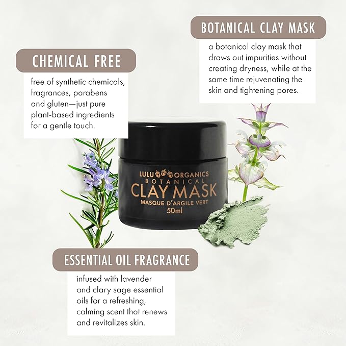 Botanical Clay Mask for Face with French Clay – Refreshing Skincare Solution for Acne, Dark Spots, Pores, Blackheads and Oily Skin, Deep Cleansing Hydrating Facial Mask - 50ml