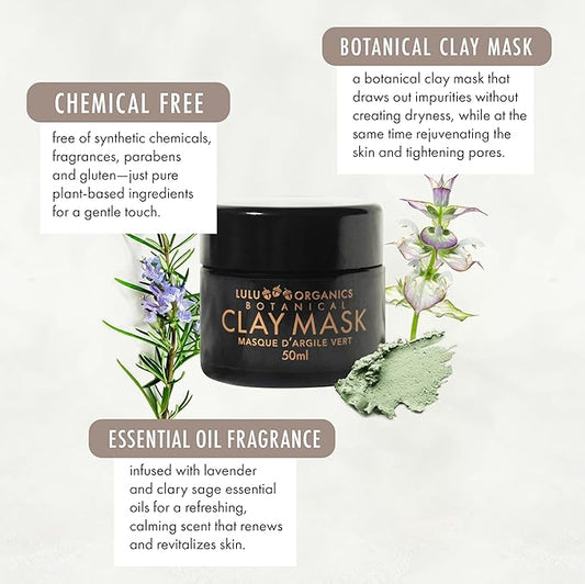 Botanical Clay Mask for Face with French Clay – Refreshing Skincare Solution for Acne, Dark Spots, Pores, Blackheads and Oily Skin, Deep Cleansing Hydrating Facial Mask - 50ml
